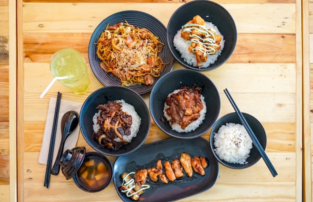 Applied Japanese tradition food set with Thai food style in the restaurant