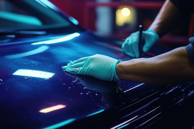 Foto applicare un liquido protettivo in ceramica sulla spugna dell'auto