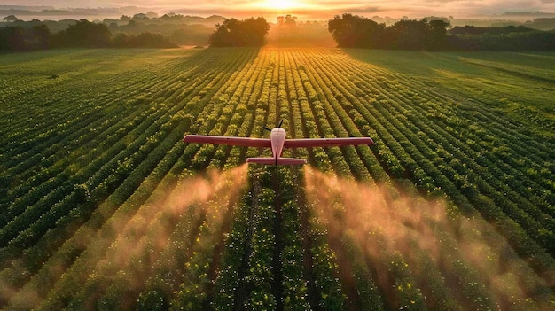 Applying fertilizer using drone on green crops showcasing agriculture technology and precision farming AI Generative