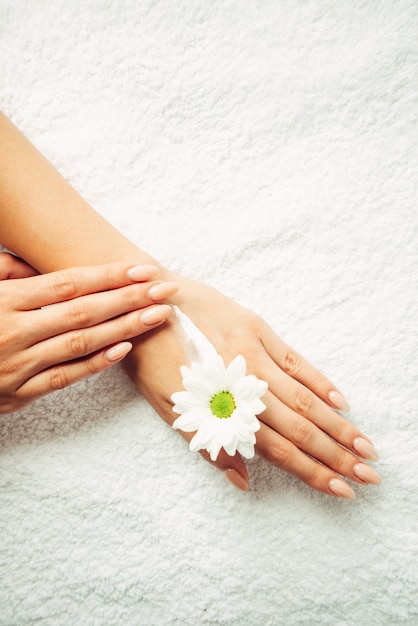 Applicazione di crema naturale su una mano su uno sfondo bianco