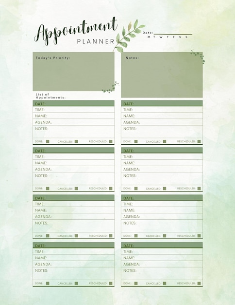 Appointment planner printable template digital blank page