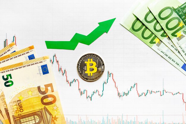 Appreciation of virtual money bitcoin Green arrow and silver Bitcoin on paper forex chart index rating go up on exchange market background Concept of appreciation of cryptocurrency