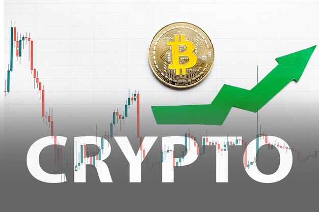 Appreciation of virtual money bitcoin Green arrow and silver Bitcoin on paper forex chart index rating go up on exchange market background Concept of appreciation of cryptocurrency