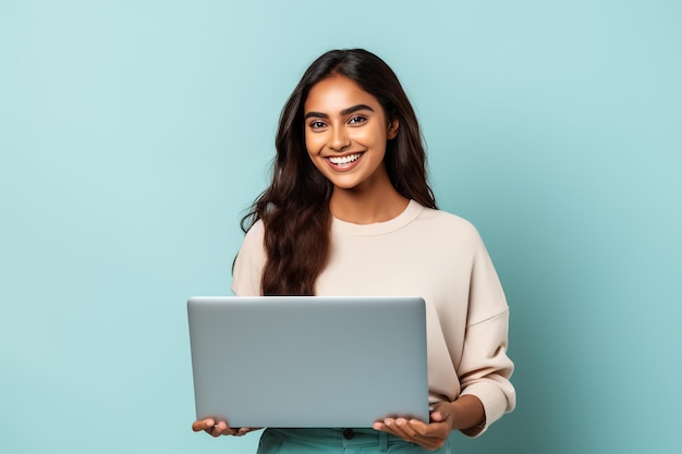 Photo appreciative young indian businesswoman with laptop doing thumbs up