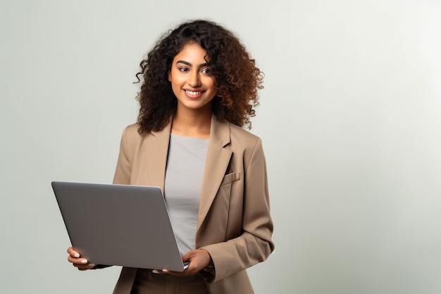 Appreciative Young Indian Businesswoman with Laptop doing Thumbs Up