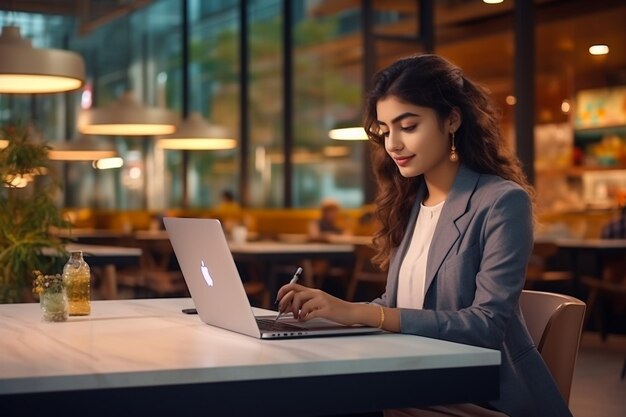 Appreciative Young Indian Businesswoman with Laptop doing Thumbs Up