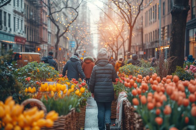 The approach of Easter is marked by colors and twinkling lights on a big city street an urban spring