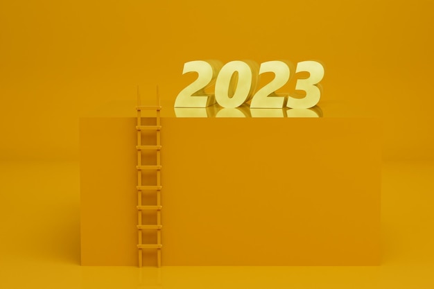 The approach of the new year 2023. a staircase to the top of
the yellow pedestal on which the 2023