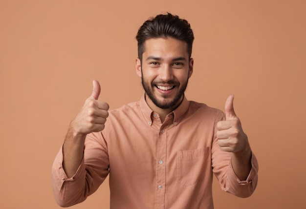 An approachable man sporting a casual look with double thumbs up his radiant smile conveying trust