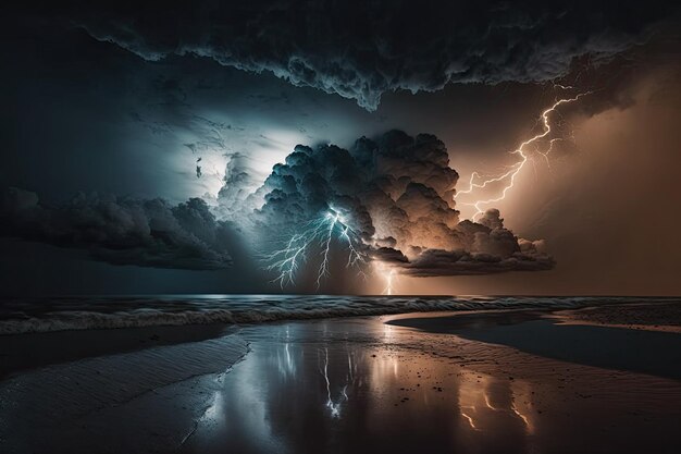 Photo an approaching storm with lightning over the ocean generative ai