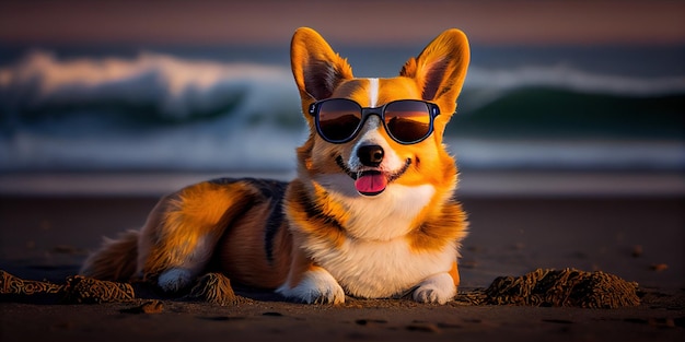 appy corgi in sunglasses lying on the beach Generative AI