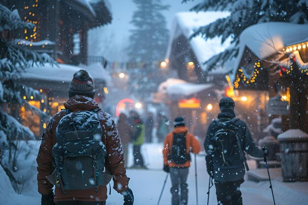 Photo apresski scene at a vibrant mountain resort skiers enjoy postski festivities concept outdoor activities skiing lifestyle mountain resort vibes festive apresski winter fun