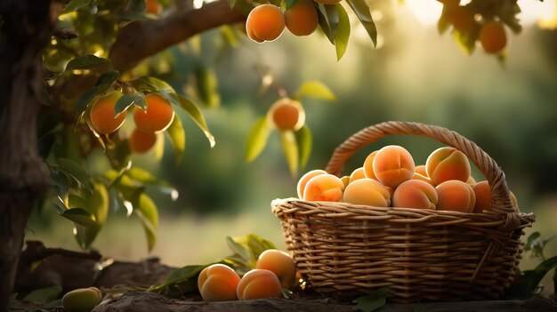 Apricot in a basket under the tree with morning sunshine generative ai