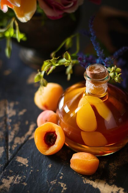 Apricot and cinnamon homemade liquor on a dark wooden background with fresh flowers