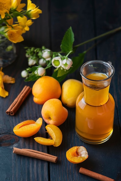 Apricot and cinnamon homemade liquor on a dark wooden background with fresh flowers