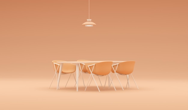 Apricot crush 2024 kleurentrend woonkamer met eettafel en lamp op oranje achtergrond