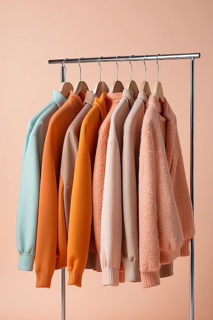 Apricot crush is de trendkleur van het jaar 2024. Herfstkleding hangt op een rek met pasteloranje.