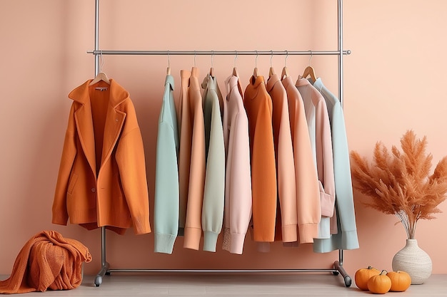 Абрикосовый краш - трендный цвет 2024 года Осенняя одежда, висящая на стойке с пастельным оранжевым
