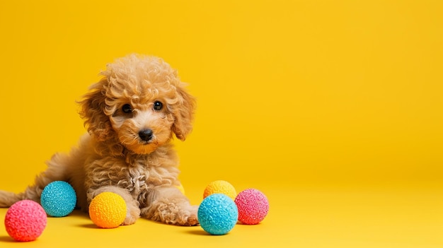 写真 黄色い背景の色のボールで遊ぶ可愛い玩具のプードル子犬