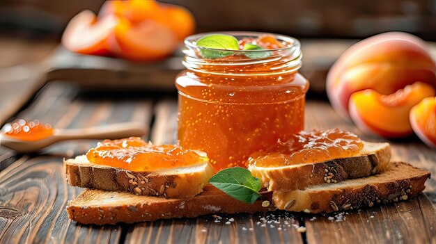 Apricot jam in glass jar on grey wooden table