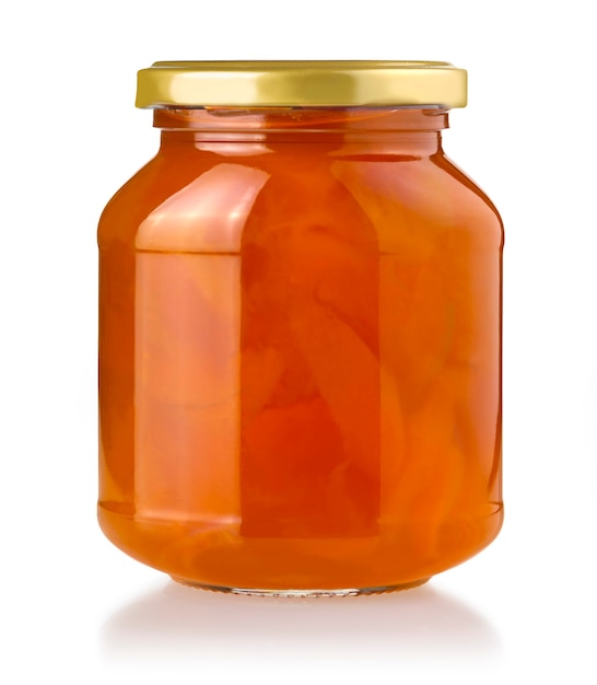 Apricot jam glass jar isolated on white 