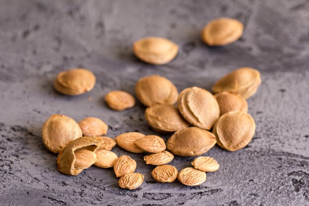 Nocciolo di albicocca sul tavolo di cemento grigio