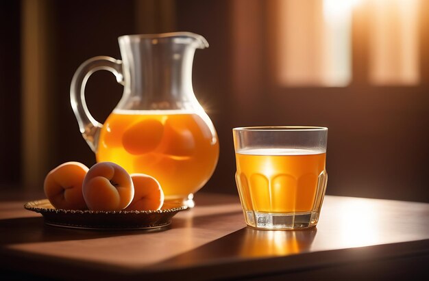 Apricot nectar in a glass and jug on a wooden table