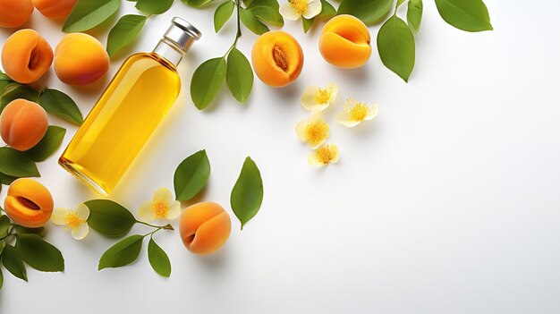 Apricot oil and apricots against a white backdrop copy space top view healthy Generative AI