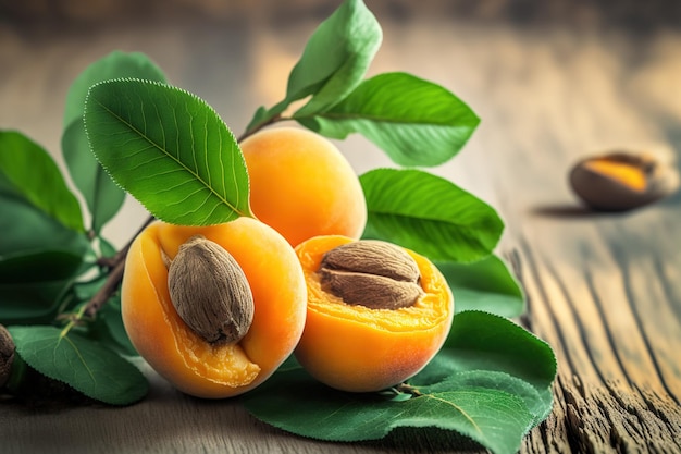 Apricot Organic ripe apricots with leaves on a white wooden table with a blurred background