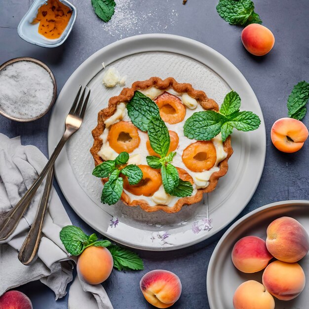 Apricot pie on a white plate apricots mint and powdered sugar on the kitchen table