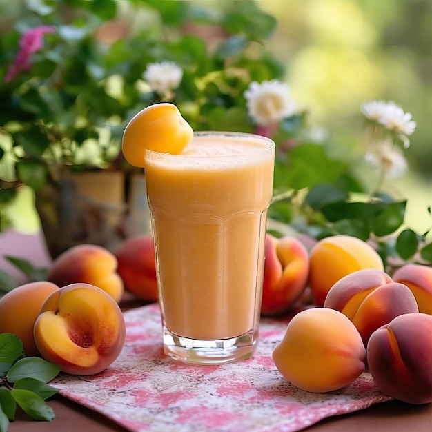 Apricot smoothie with garden background