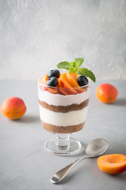 Apricot trifle, chocolate biscuit, layered dessert with fresh berry and  cream cheese on grey. 