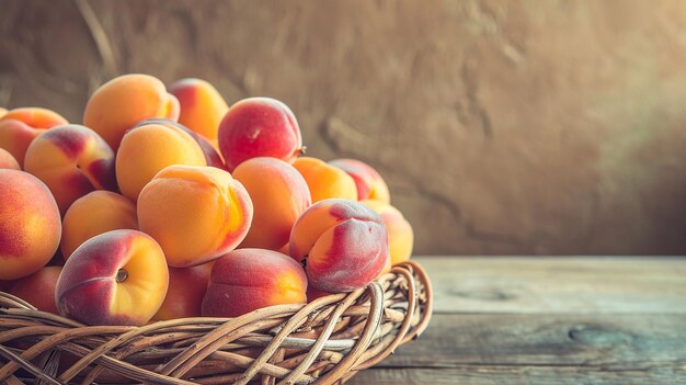 Photo apricots in a basket on wooden table side view