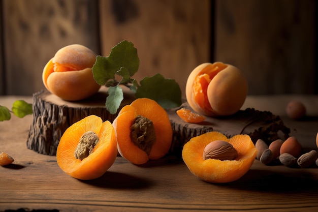 Apricots close to pits and apricot pits against old wood background apricot pits for making tablets