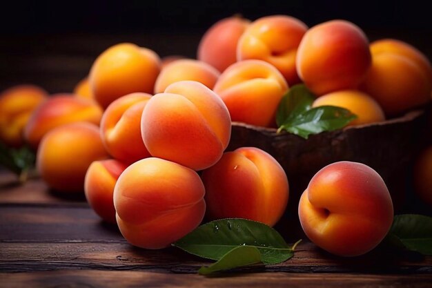 Apricots on a dark wood background toning selective focus on apricots with a stone