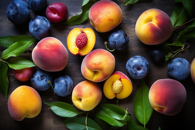 Apricots and plums fruit background yellow red pink ripe apricots and blue purple plums closeup