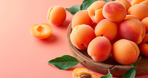 Apricots in the upper portion on a wooden plate against a soft pink backdrop space generative ai