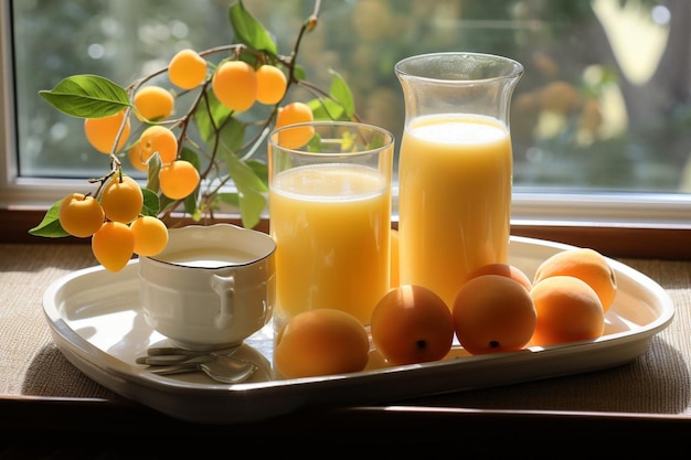 Apricots on white tray with smoothie glass 4K Apricot image photography