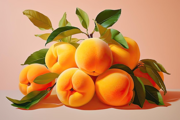 Apricots with leaves on a colored background 3d rendering