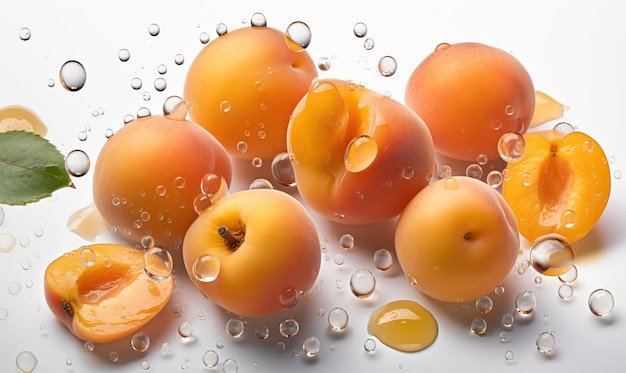 Photo apricots with water drops on a white background generative ai