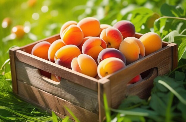 Apricots in wooden box on grass