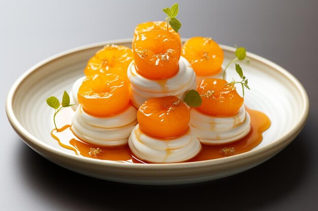 Aprikozen op een wit dessertplaat met garnering 4K Aprikozen beeldfotografie