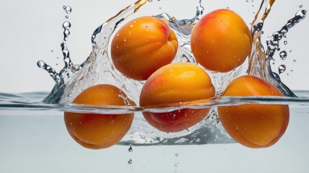 Foto aprikozen spetteren in kristalhelder water dat frisheid en een levendig zomerconcept weerspiegelt.