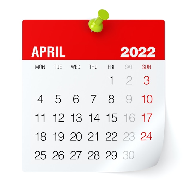 2022年4月のカレンダー。白い背景で隔離。 3Dイラストレーション