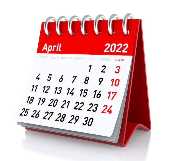 April 2022 - Kalender. Geïsoleerd op een witte achtergrond. 3D Illustratie