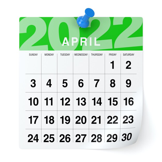 April 2022 - Kalender. Geïsoleerd op een witte achtergrond. 3D Illustratie