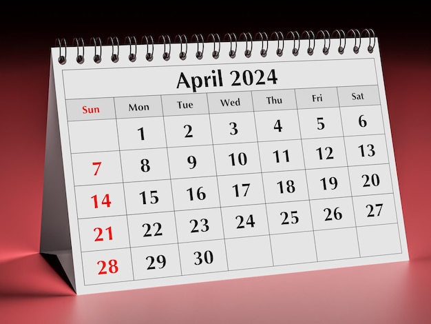 April 2024 calendar One page of annual business desk monthly calendar