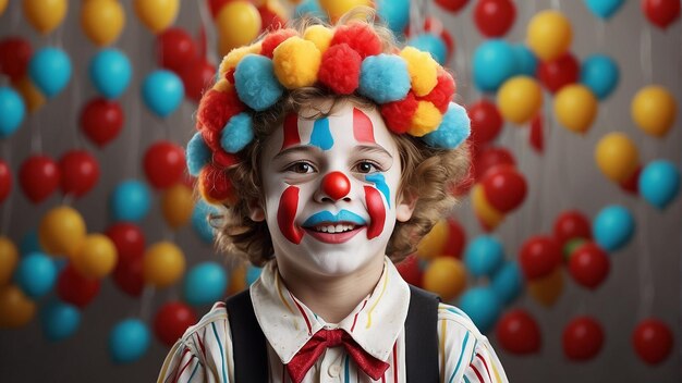 Foto il concetto di april fool di un ragazzino divertente con un abito da clown