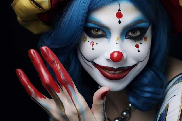 April Fools Day glimlachend meisje denken aan het aanraken van elleboog met rode neus in een clown kostuum blauw haar