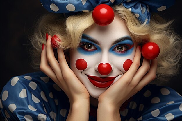 Photo april fools day smiling girl thinking touching elbow with red nose in a clown costume blue hair ar c